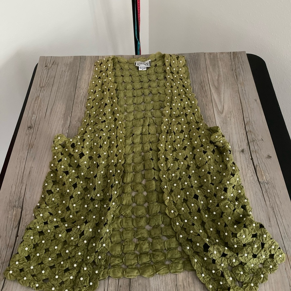 Vintage Jakelin Women’s Olive Green Floral Beaded Open Vest Cardigan Medium